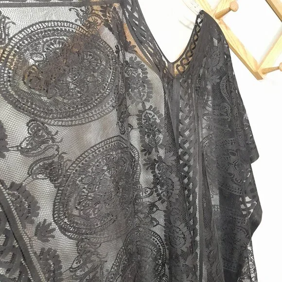 Colornival Swimwear Beach Pool Cover Up Poncho Black V Neck Lace Floral Paisley - Picture 9 of 13